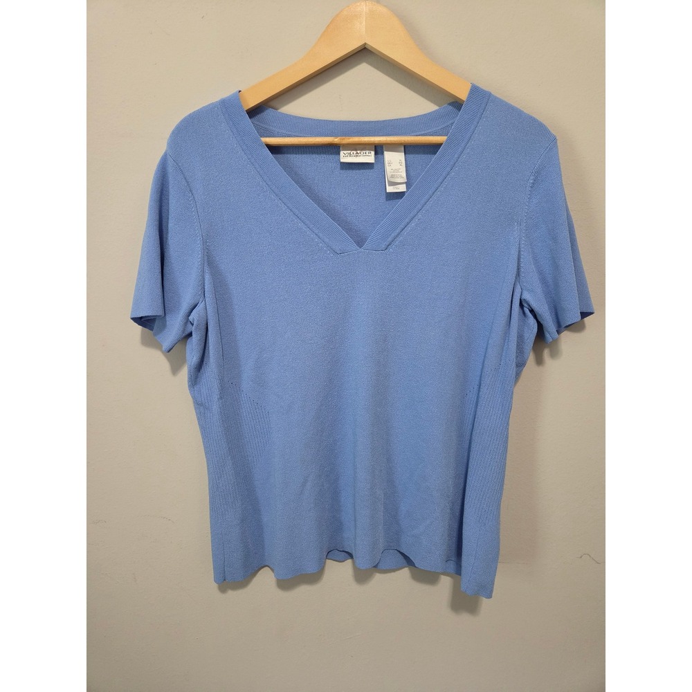 Villager Liz Claiborne Light Blue V-Neck Short Sleeve Knit Top XL RN 85373